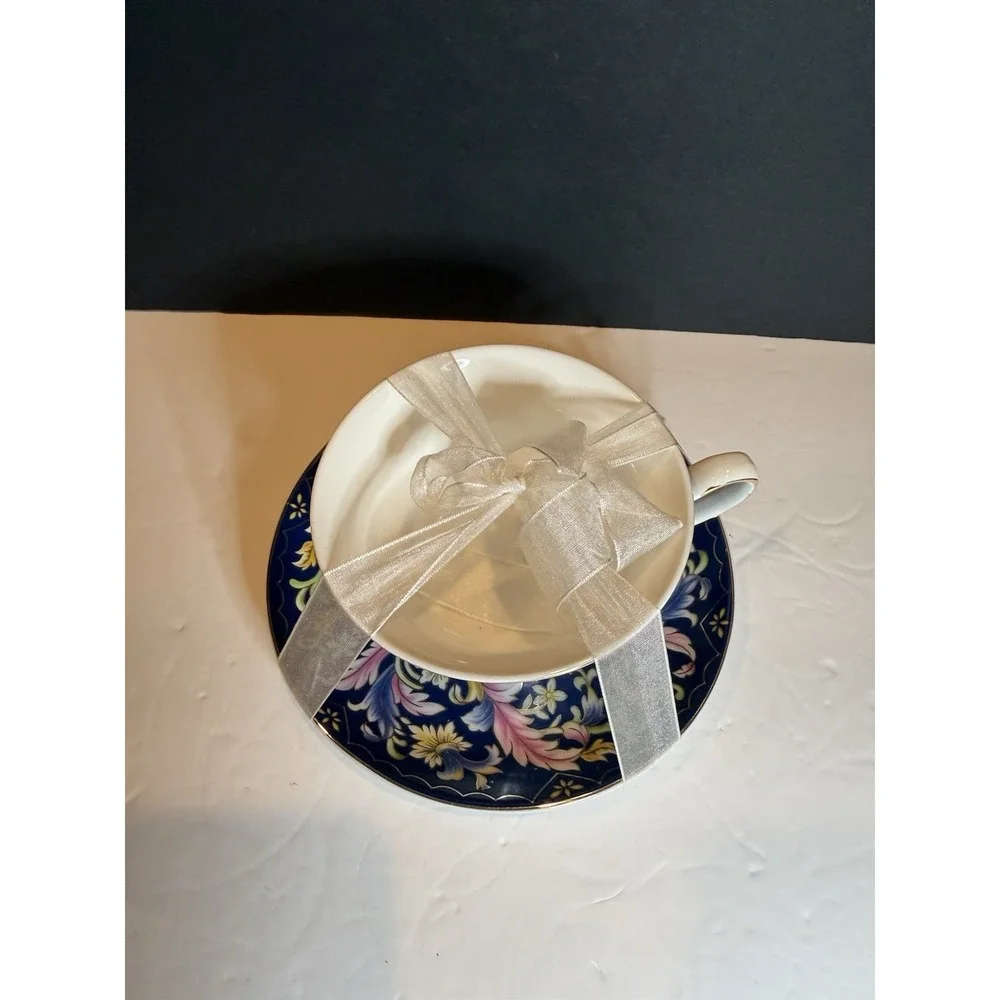 Grace Fine Porcelain Jumbo Teacup Saucer Blue Floral Gold Gift Set New